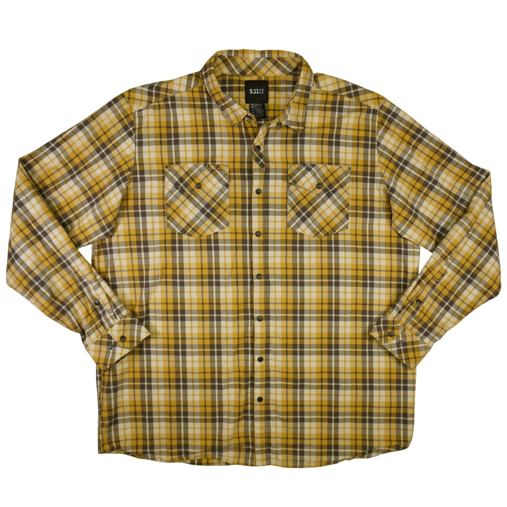 5.11 Tactical Mens Plaid Flannel Snap‎ Front Long Sleeve Shirt Yellow Brown XXL